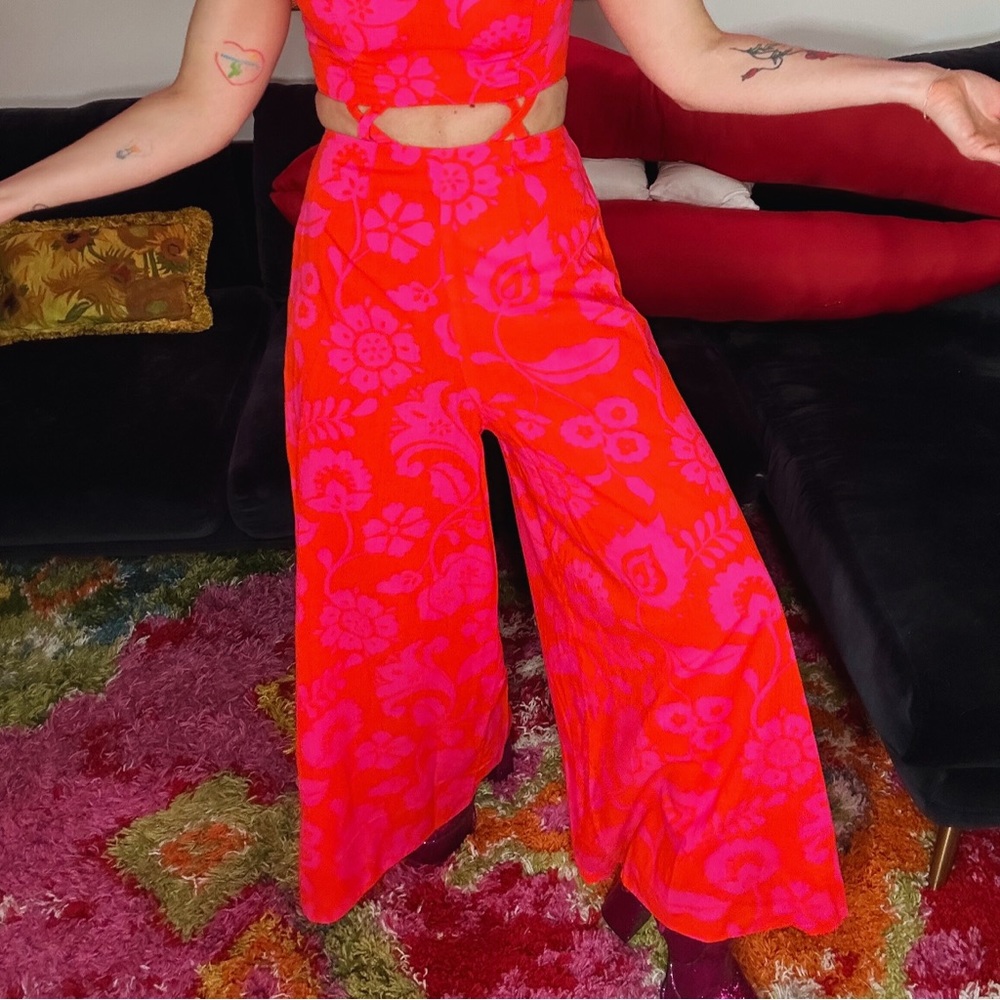 Vintage Handmade Cut-out Floral Print Wide-leg Jumpsuit
